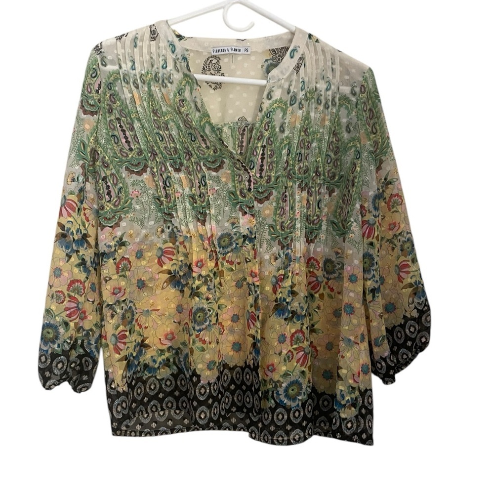 Fig and Flower Paisley Chiffom Pleated Top Small Petite EUC Floral Boho Sheer - Picture 2 of 8